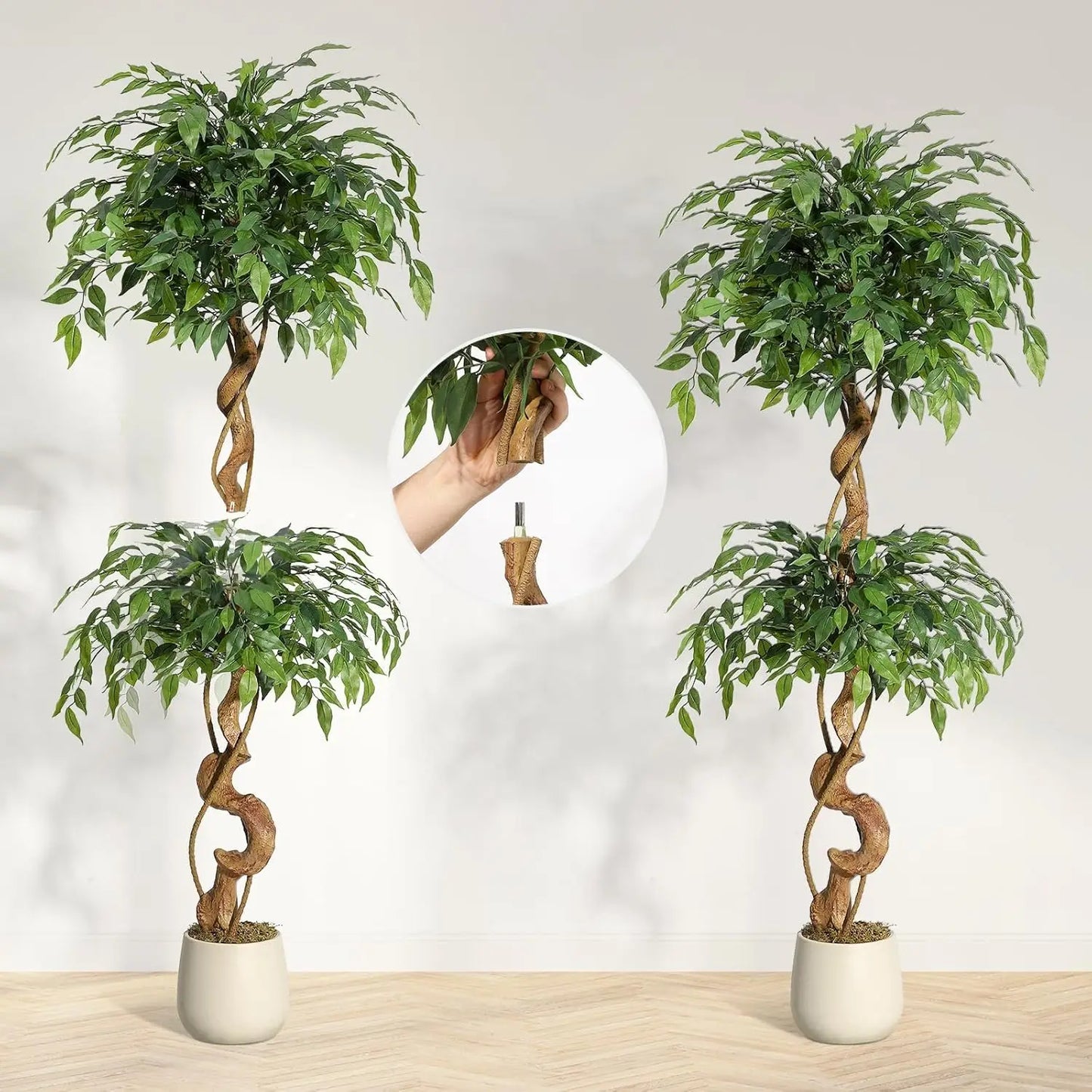Artificial Ficus Tree 120/150/180cm with White Planter, Large Faux Weeping Fig with Curved Trunk and 1860 Silk Leaves, Lifelike Indoor Plant for Living Room Bedroom Office Decor, No Maintenance