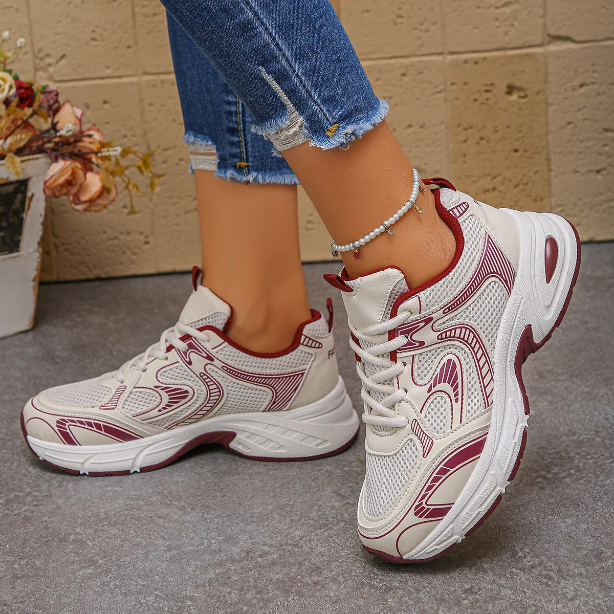 Women Platform Chunky Sneakers Trendy Color Block Breathable Casual Shoes Comfortable Height Increasing Walking Trainers