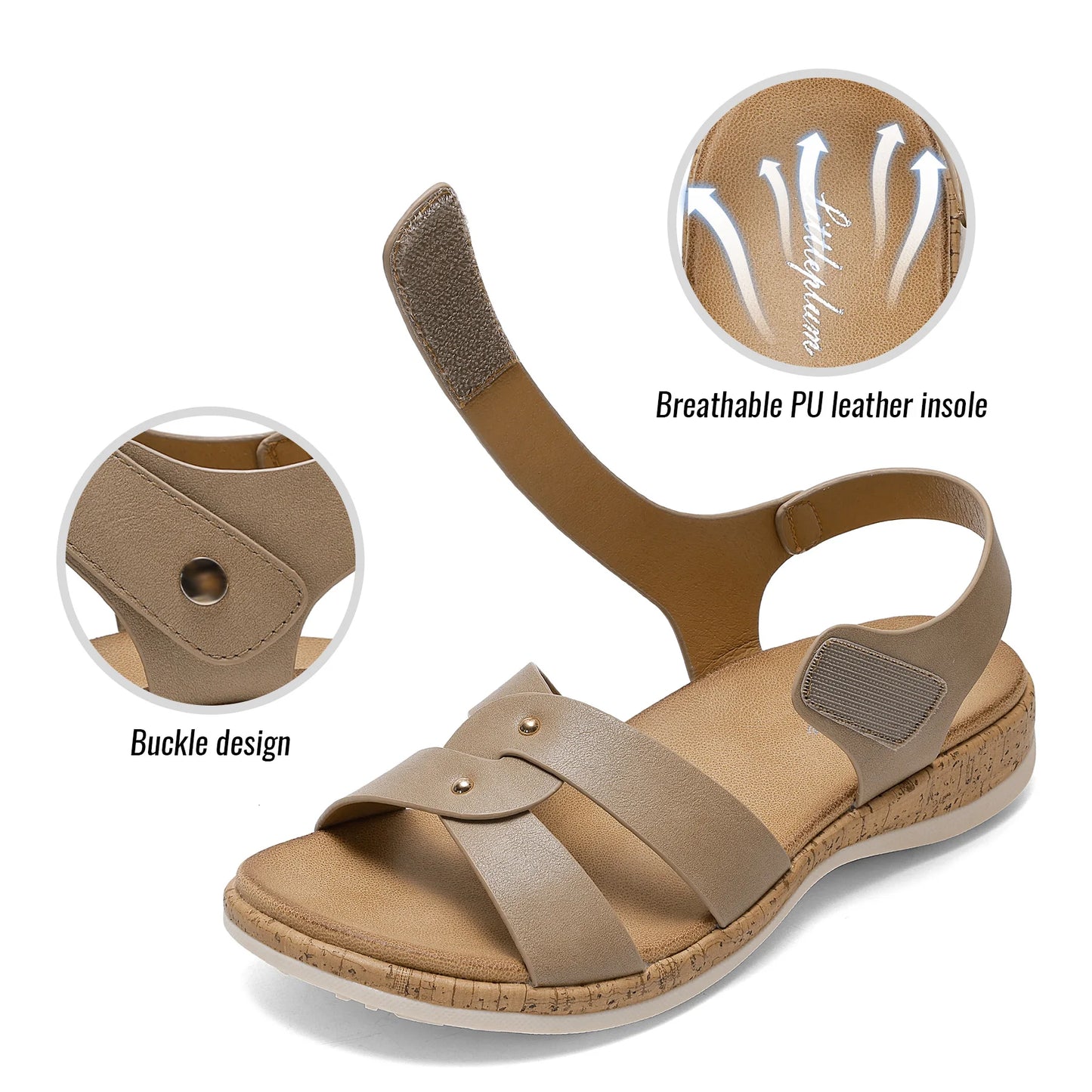 Women Open Toe Flat Sandals Arch Support Adjustable Comfort Summer Beach Casual Walking Shoes