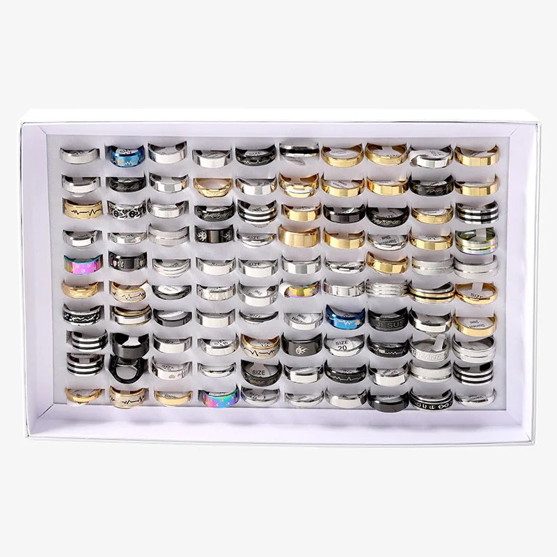 Wholesale 100 Pcs/box Fashion Stainless Steel Love Stripe Rings Punk Trendy Jewelry For Women Men Mix Style Size Party Gift