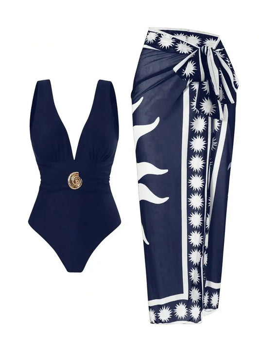 Women Blue Mesh Printed Long Skirt Beach Cover Up Swimsuit Set Summer Vacation