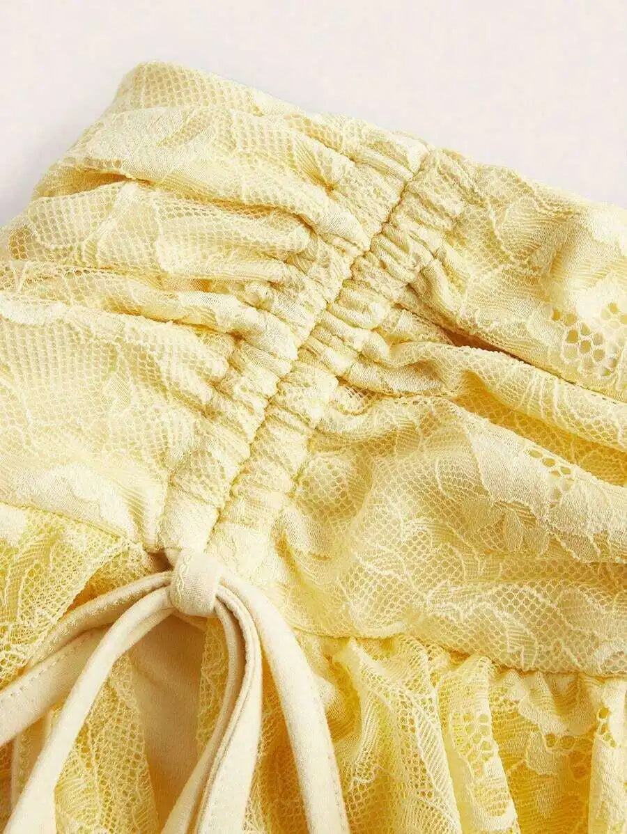 Low Waist Lace Mesh Double Layer Pleated Tie Up Slit Women Skirt