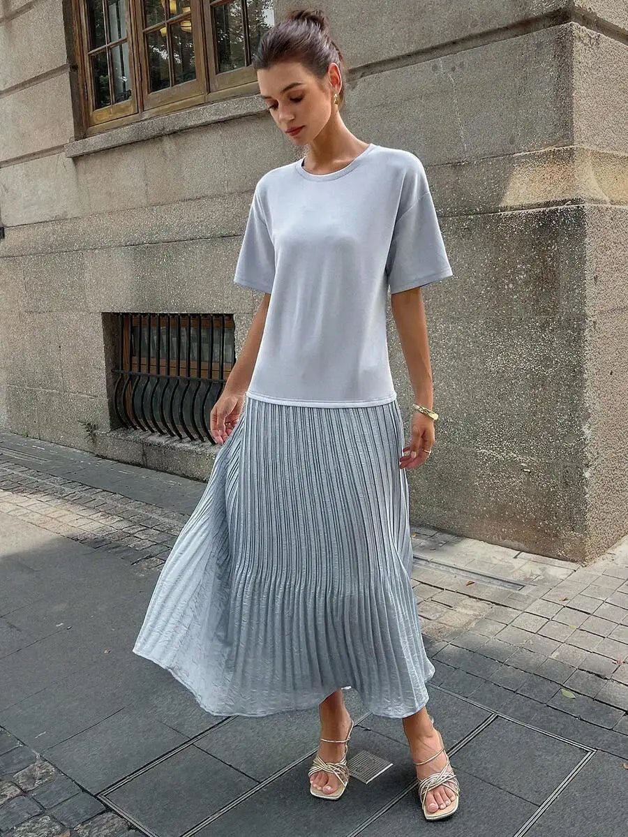 Women Pleated Maxi Dress Short Sleeve Loose Casual Summer Modest Dress