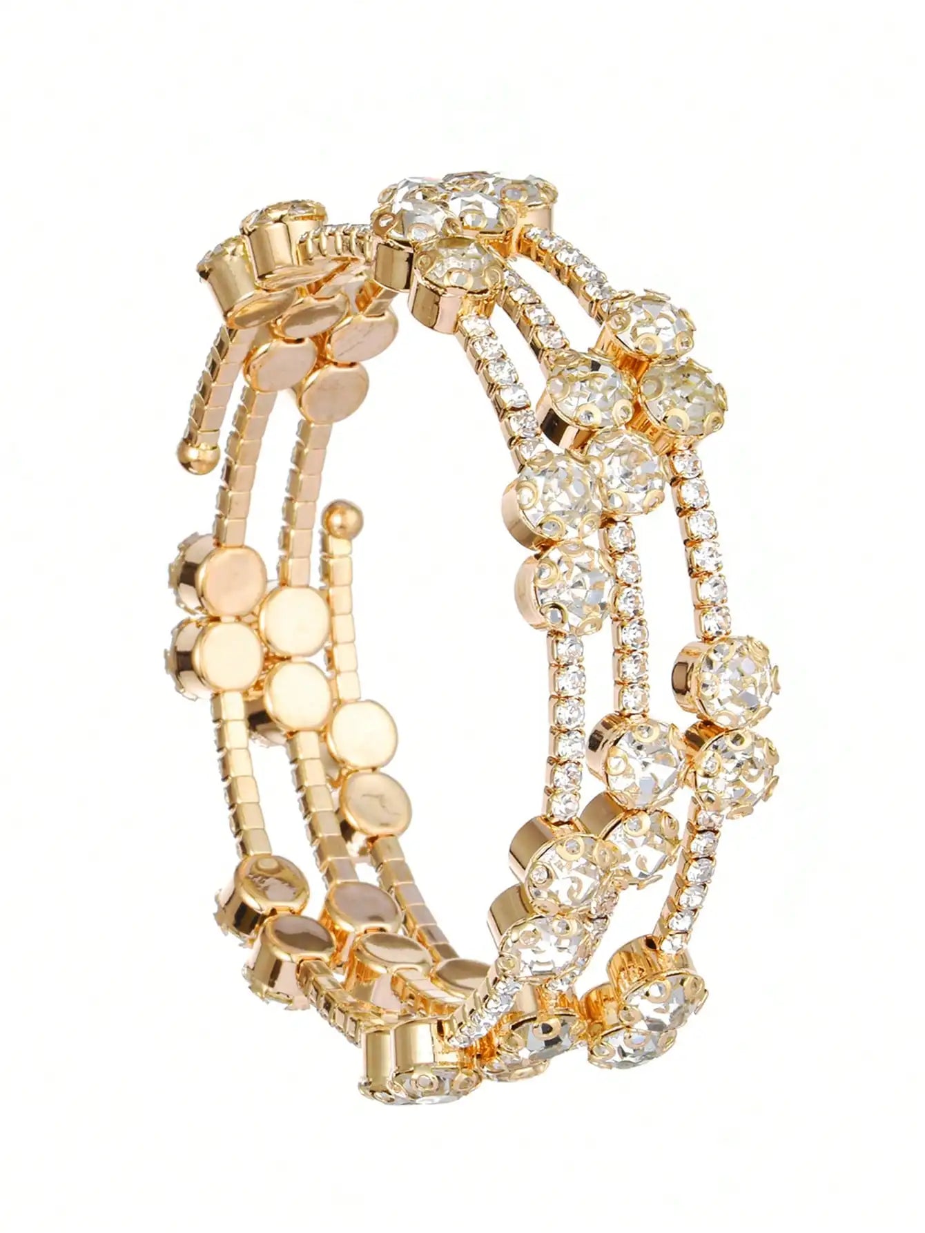 Gold Tone Multi-Row Crystal Rhinestone Stretch Bangle Bracelet