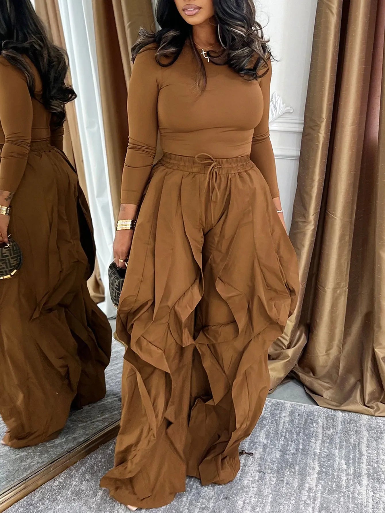GLOURI Women's Wide Leg Long Pants, Drawstring Elastic Waist 3D Pleated Ruffled Trim Loose Oversized Trousers, Casual High Street Trendy Style for Daily Commute Street Outing, Influencer OOTD Photography Outfits