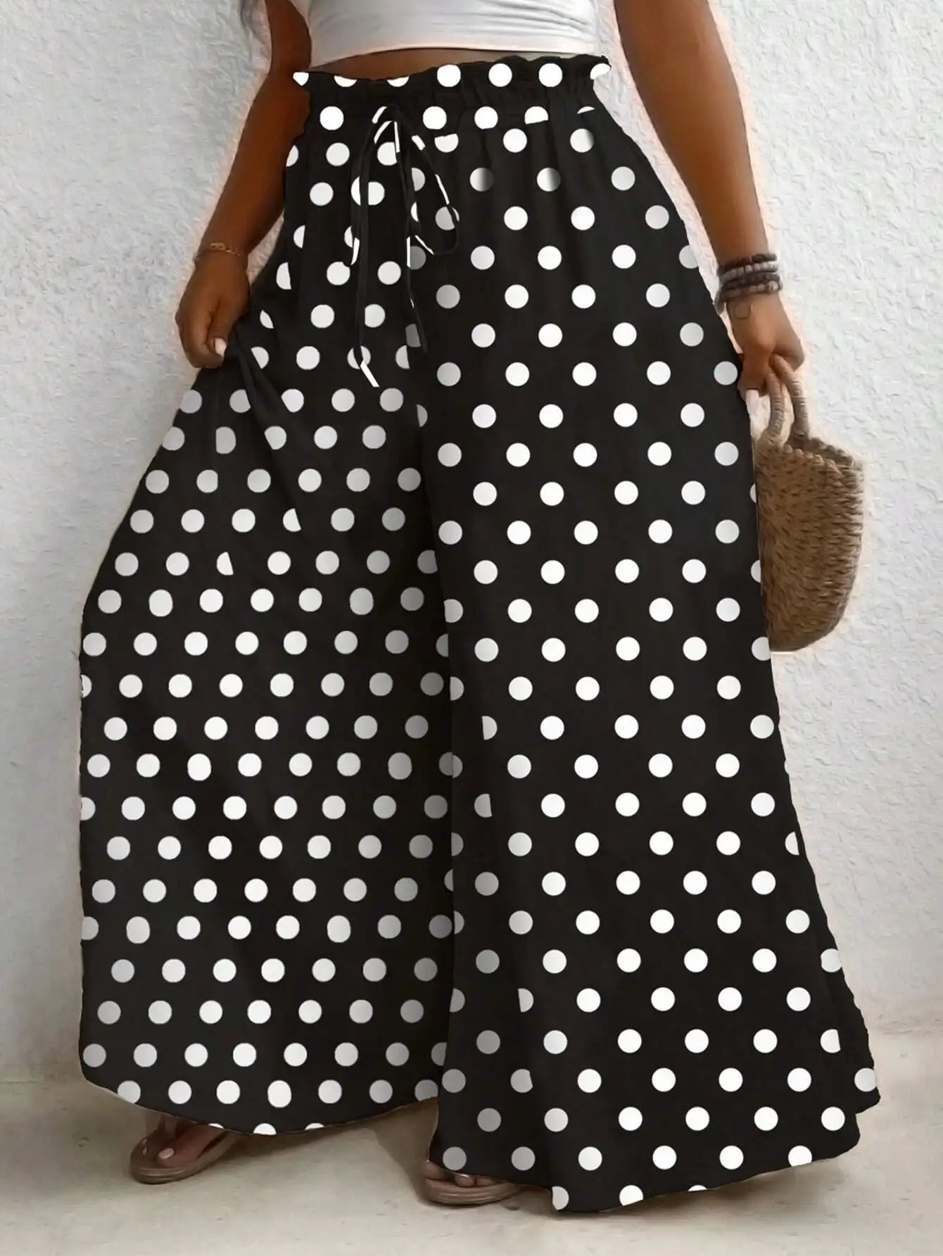 Plus Size Women's Clothing Loose Comfortable Commuting Casual Style Summer Printed Long Pants Elastic Waist Drawstring Draped Wide Leg Pants
