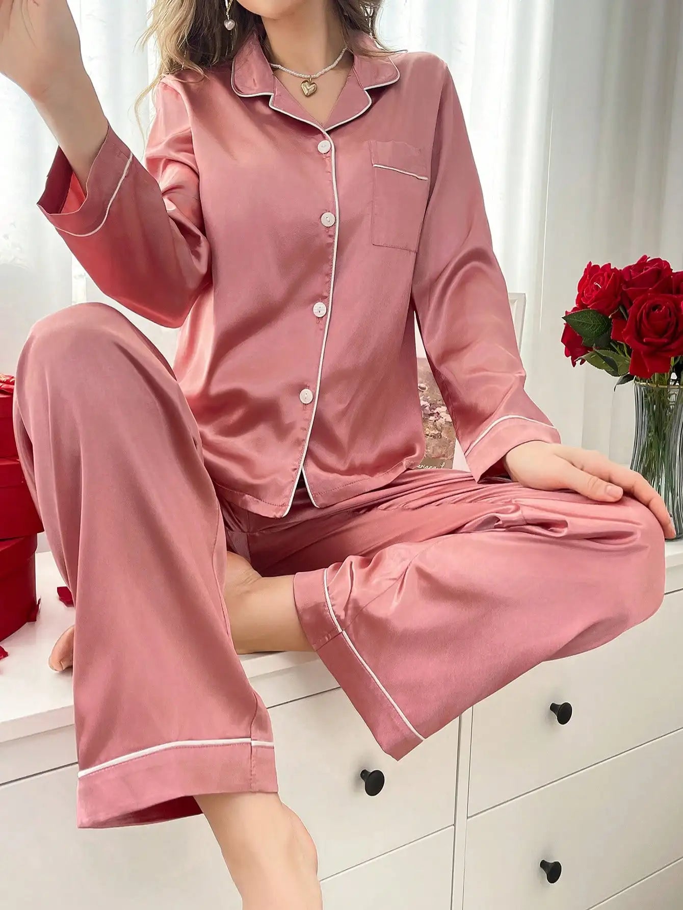 Women's Satin Pajama Set with Contrast Trim Long Sleeve Top and Wide Leg Pants for Cozy Lounge Wear