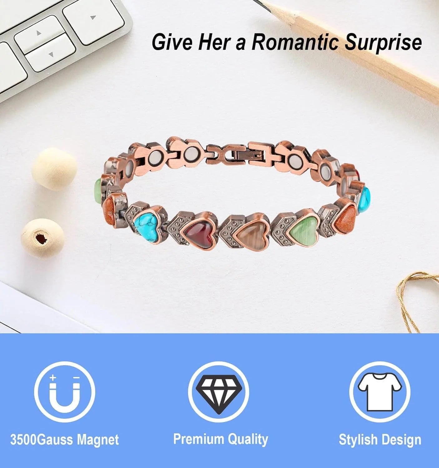 Pure Copper Bracelets for Women, Ultra Strength Magnetic Bracelet with 3800 Gauss Magnets & Natural Turquoise & Stones, Adjustable, Jewelry Gift