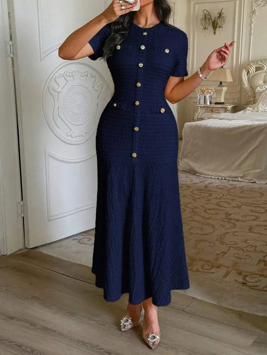 Yellow Textured Knit Midi Dress with Front Buttons and Faux Pockets