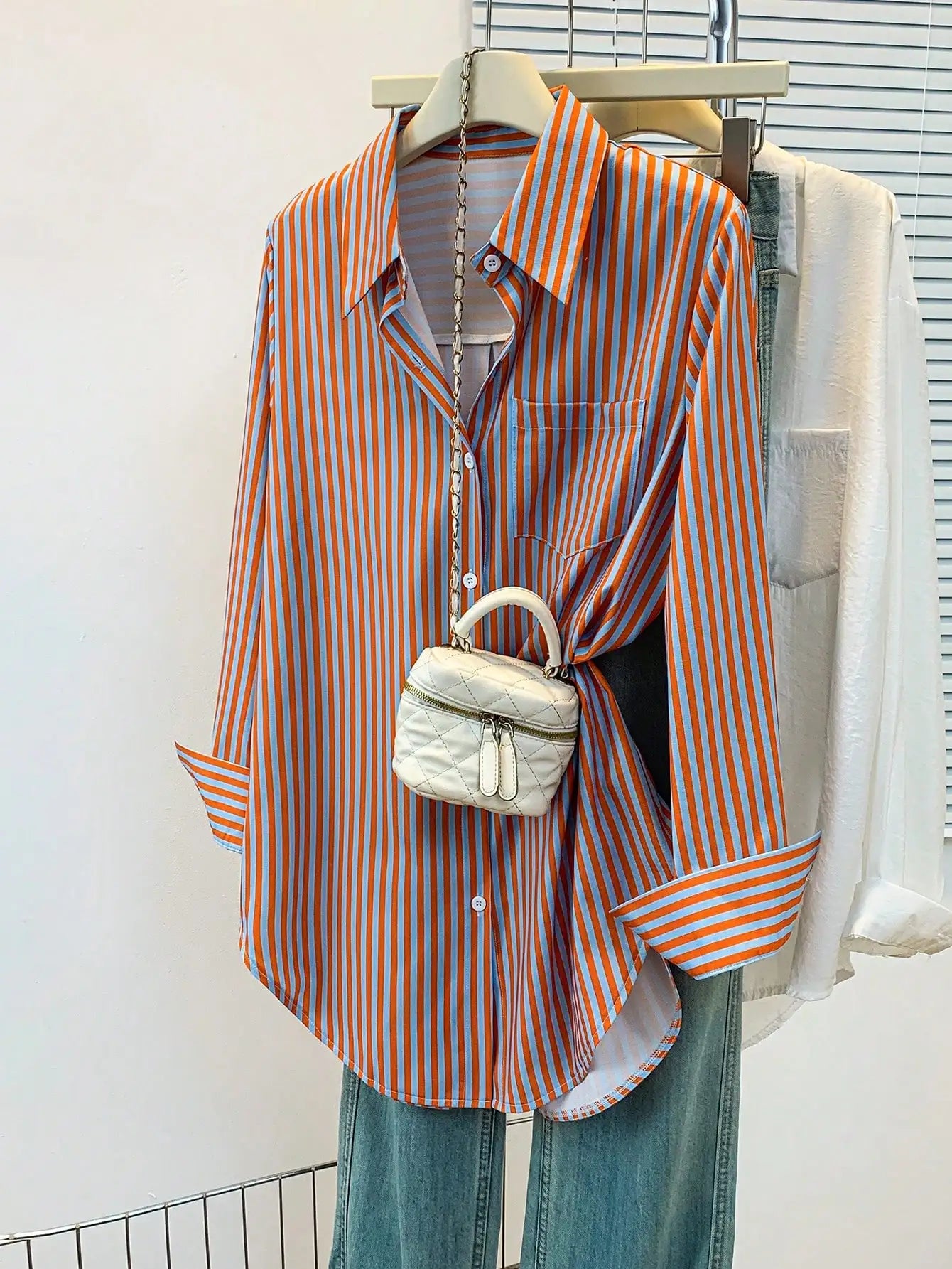 Womens Casual Striped Pointed Collar Long Sleeve Button-Up Shirt