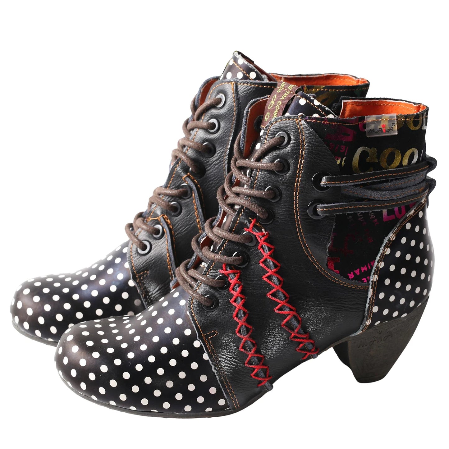 TMA EYES Women's Retro Polka Dot Mid Heel Boots Spring Autumn Winter Fashion Patchwork Chunky Heel Side Zipper Ankle Boots