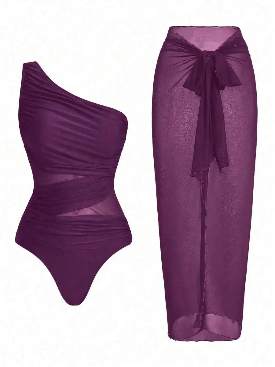 One Piece Ruched Swimsuit With Sarong Cover Up For Women Summer Beach