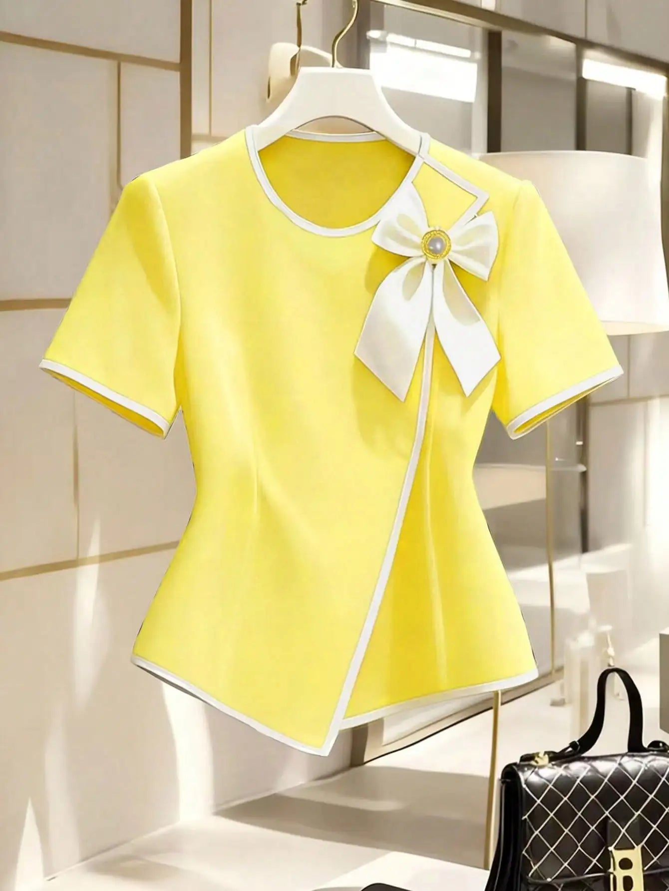Elegant Bow Collar Short Sleeve Blouse With Asymmetric Hem For Office And Casual
