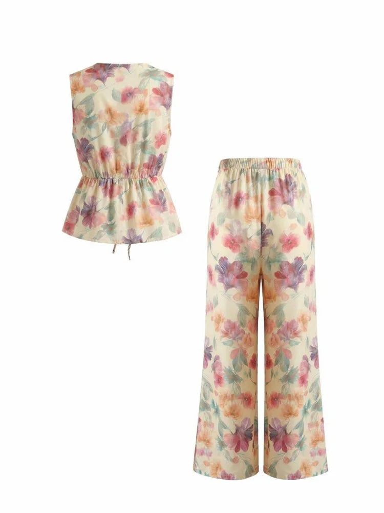 Pant Suit V Neck Sleeveless Drawstring Waist Floral Print Split Hem Wide Leg Trousers Matching Outfit For Women Holiday Picnic Soft Elegant Wear