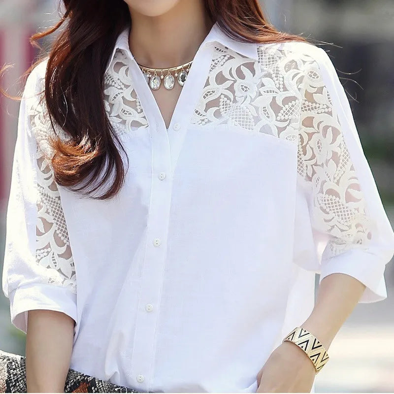 Sexy Lace Patchwork White Chiffon Button Up Shirt for Women Summer Casual Loose Half Sleeve Tops Blouse