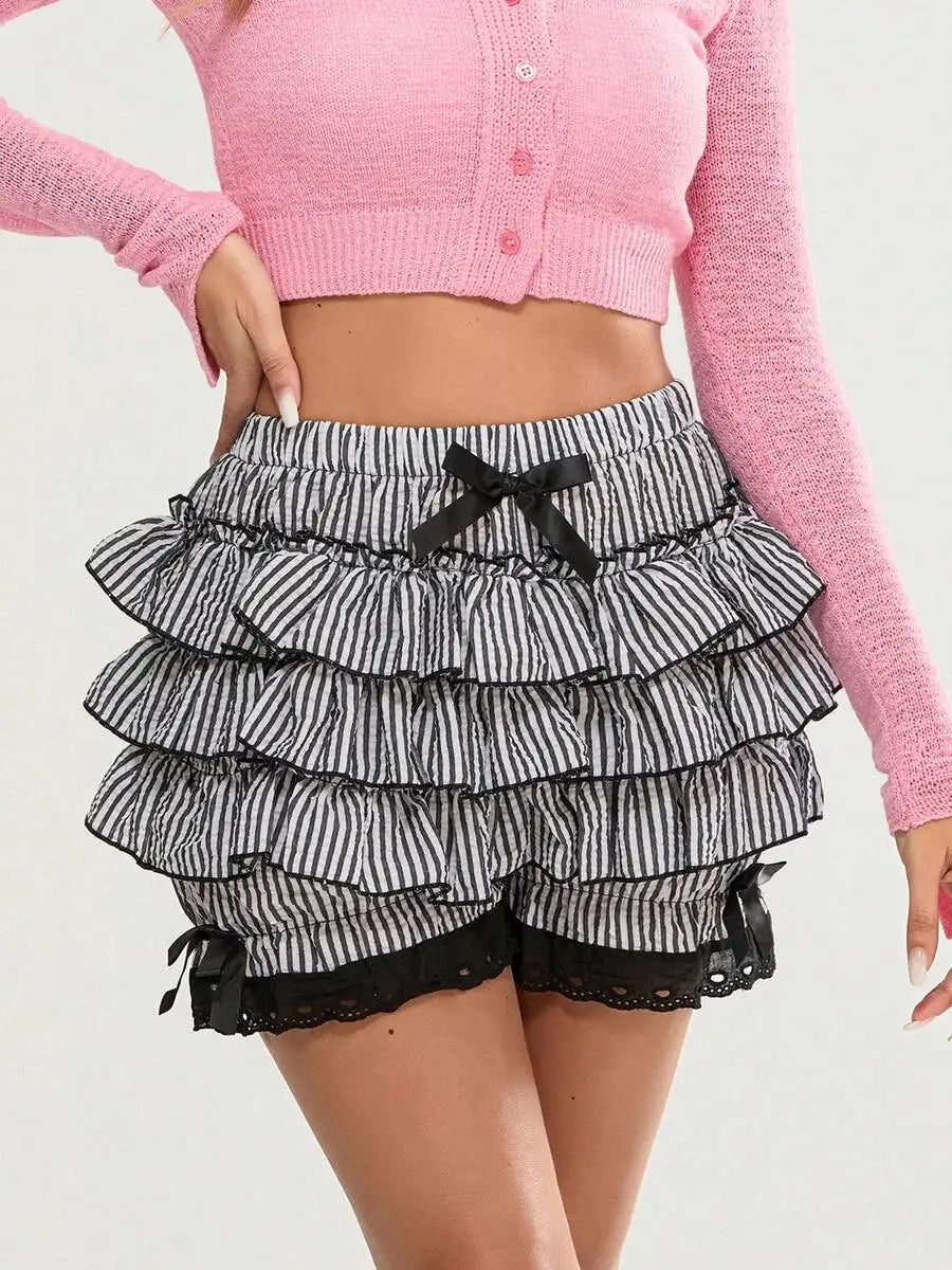 Womens Striped Ruffle Bloomers Shorts With Lace Trim And Bowknot Elastic Waist Summer Casual