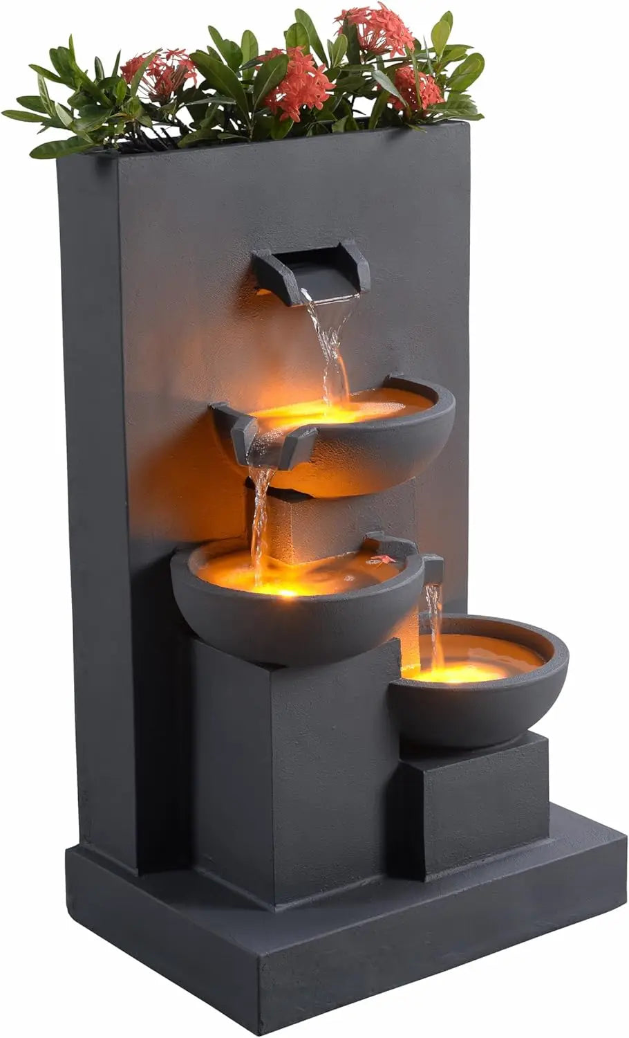 29.13" 3-Tier Cascading Outdoor Water Fountain with Planter, LED Lights for Outdoor Living Spaces, Matte Gray