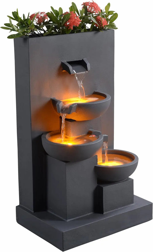 29.13" 3-Tier Cascading Outdoor Water Fountain with Planter, LED Lights for Outdoor Living Spaces, Matte Gray