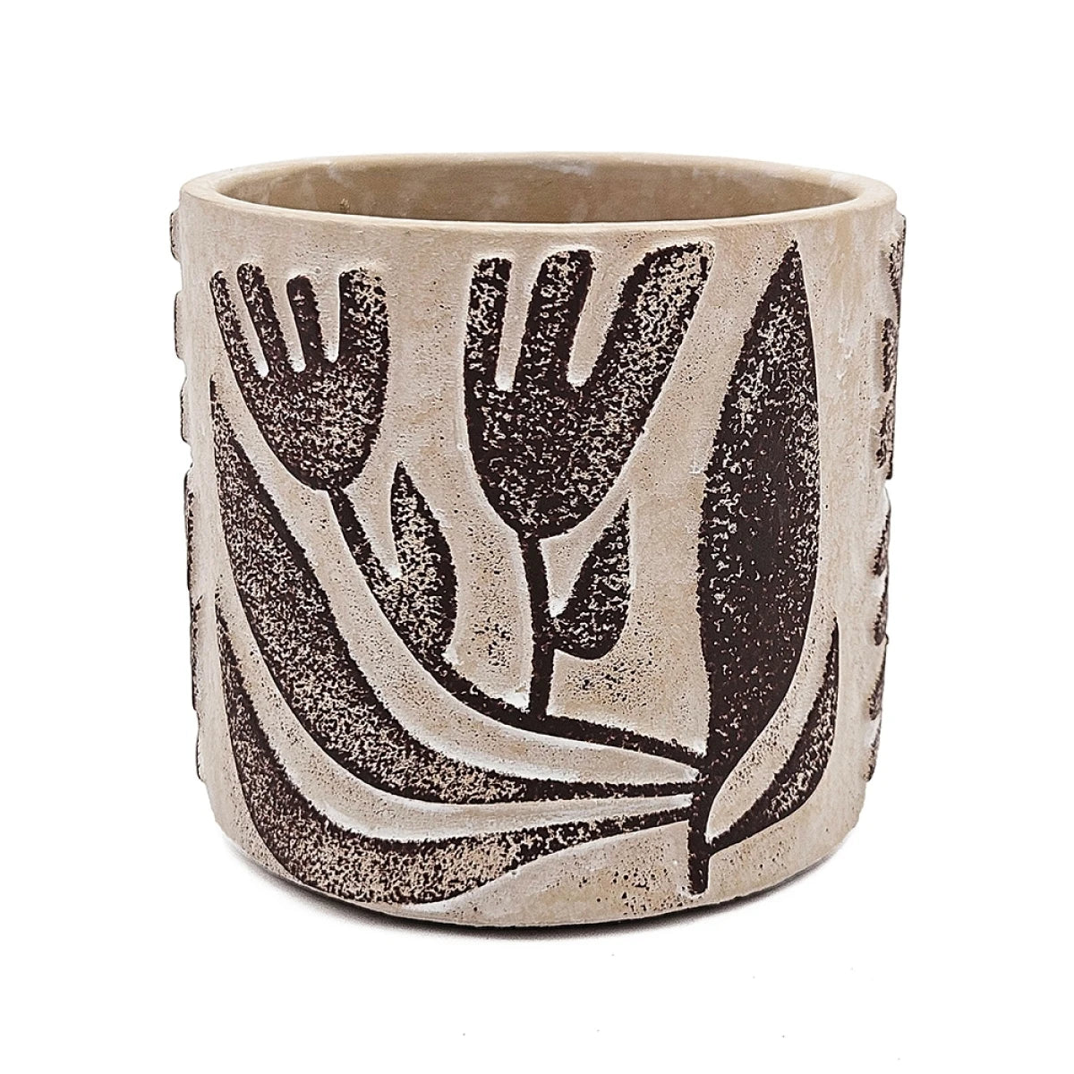 Set of 4 4.3x4.3x4" Gray Sand and Cement Planters with Brown Botanical Motifs On-Site