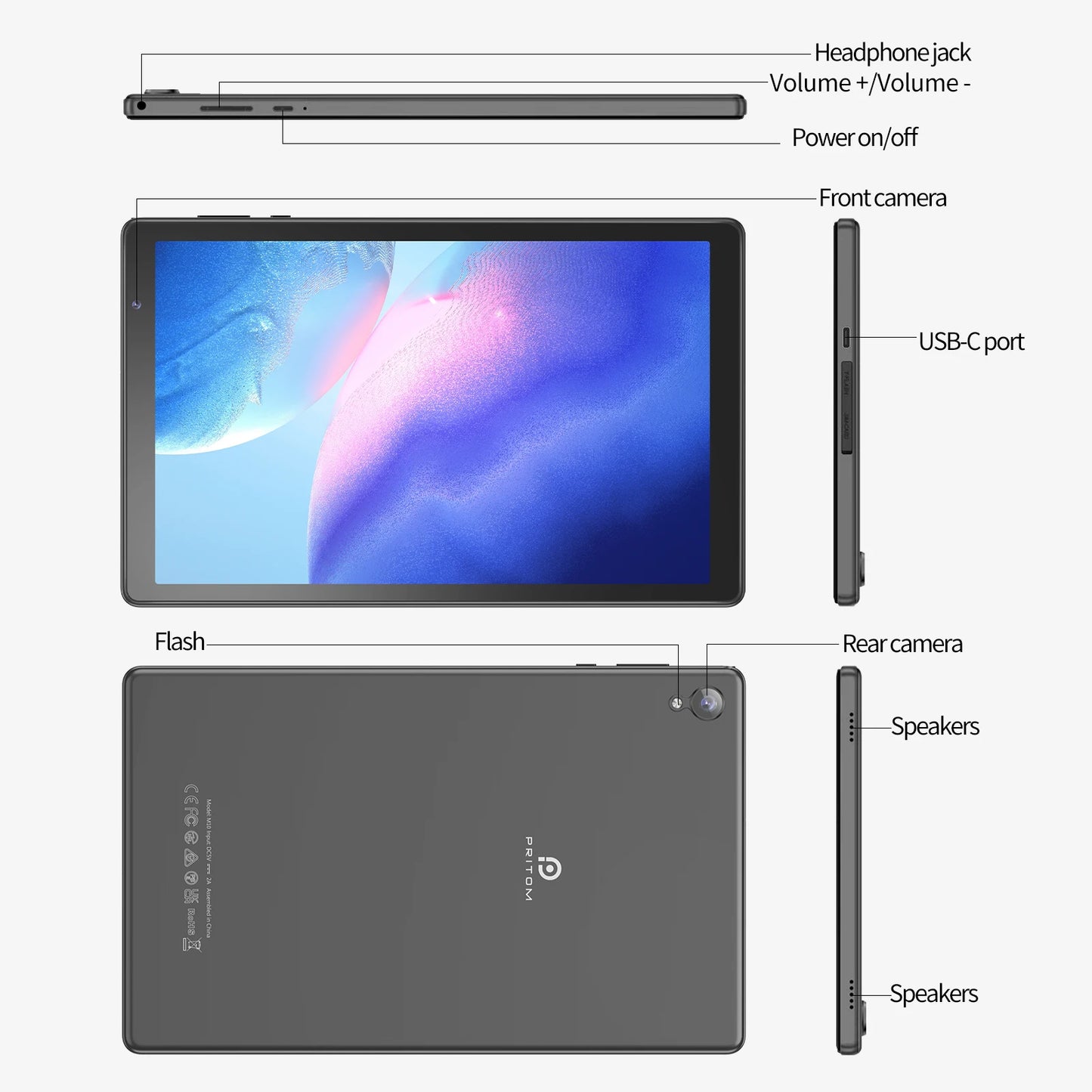 PRITOM Tablet 10 inch Android 14 32GB ROM 512GB Expand Tablets, 2GB RAM Wi-Fi 6 Tablet PC with 1.6GHz Quad Core CPU, 10.1 inch