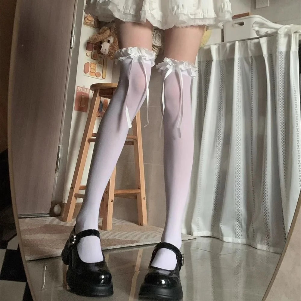 White Thin Sheer Ruffle-edge Lace Long Socks Women JK Girl Sweet Thigh High Stockings Lolita Nylon OverKnee Cute Bowknot Hosiery