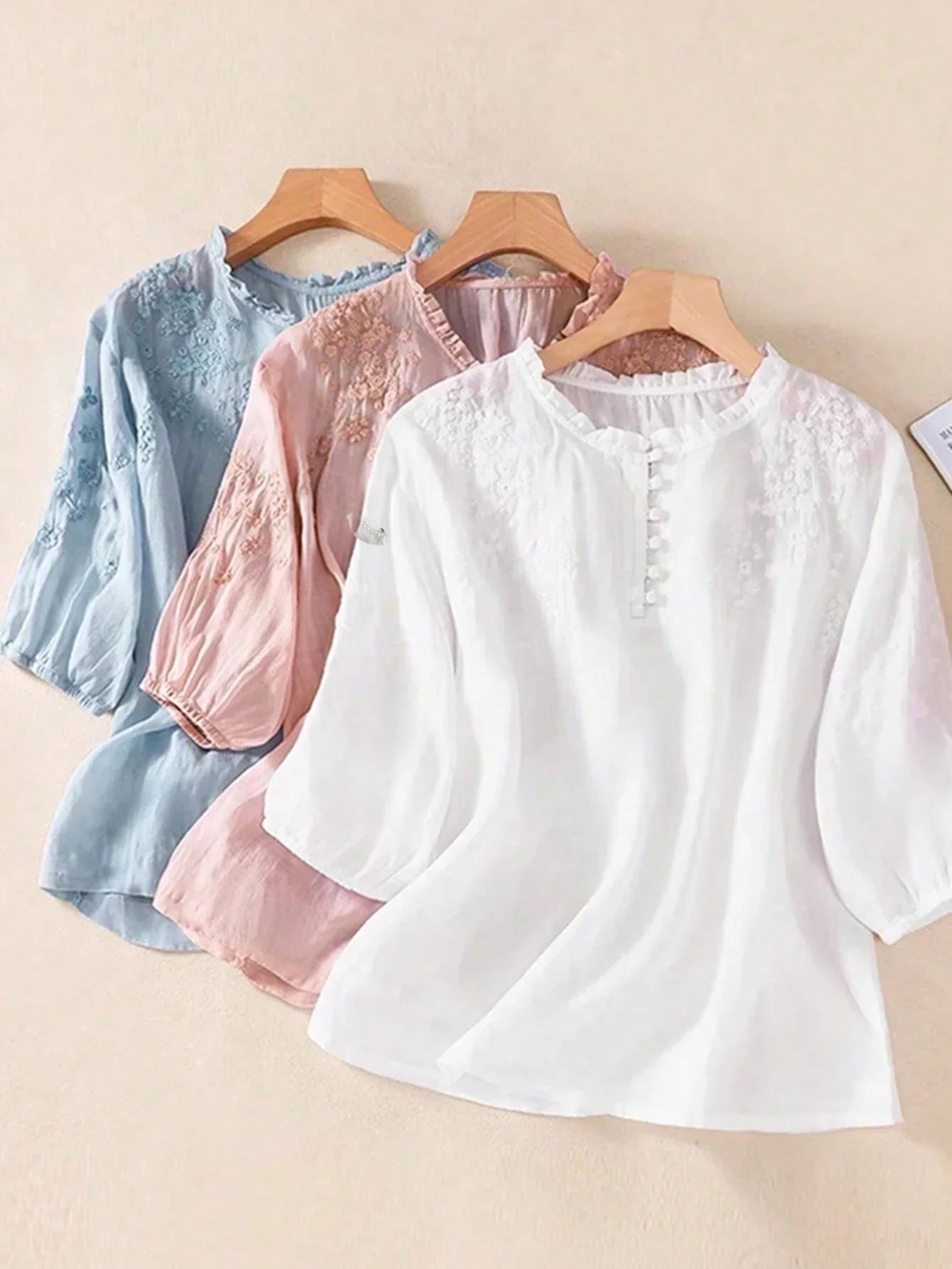 Women Embroidered Loose Bohemian Mid-Sleeve Blouse Solid White
