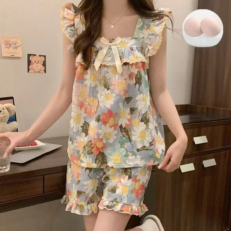 Set Sexy Women Summer Pajamas Sleeveless Sleepwear Trousers Sets Short Sleeve Sleepwear Women's Pajama Sleeping Sleep Lounge