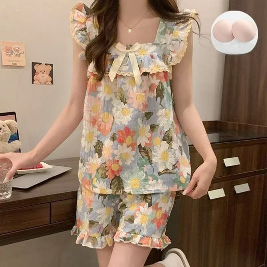 Set Sexy Women Summer Pajamas Sleeveless Sleepwear Trousers Sets Short Sleeve Sleepwear Women's Pajama Sleeping Sleep Lounge
