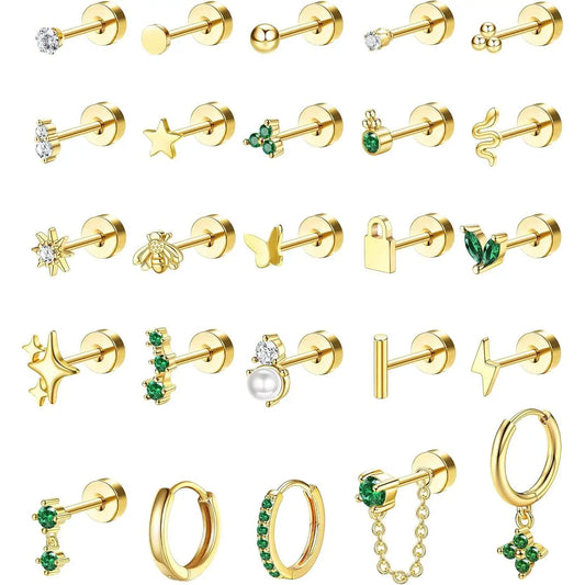 25 Pcs Surgical Steel Earrings for Sensitive Ears for Women Flat Back Studs Hoop Cartilage Earring for Multiple Piercing