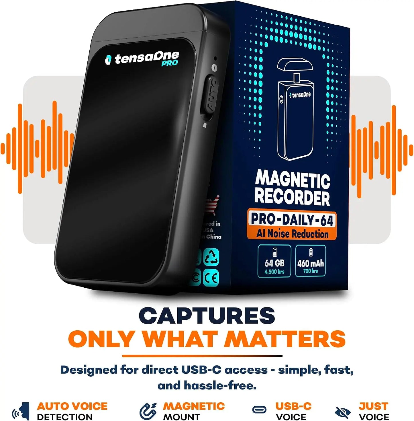 64GB Voice Recorder with AI Noise Reduction, USB-C, Voice Activation, Black