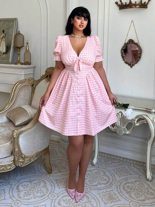 Plus Size V-Neck Short Sleeve Plaid Bow Tie Waist Ruffle Knee-Length A-Line Vintage Elegant Casual Dress