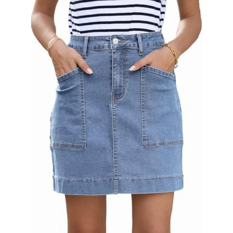 Sidefeel Women's Jean Skirt High Waisted Stretch Casual Summer Zimbaplatinum Denim Skirt with Pockets