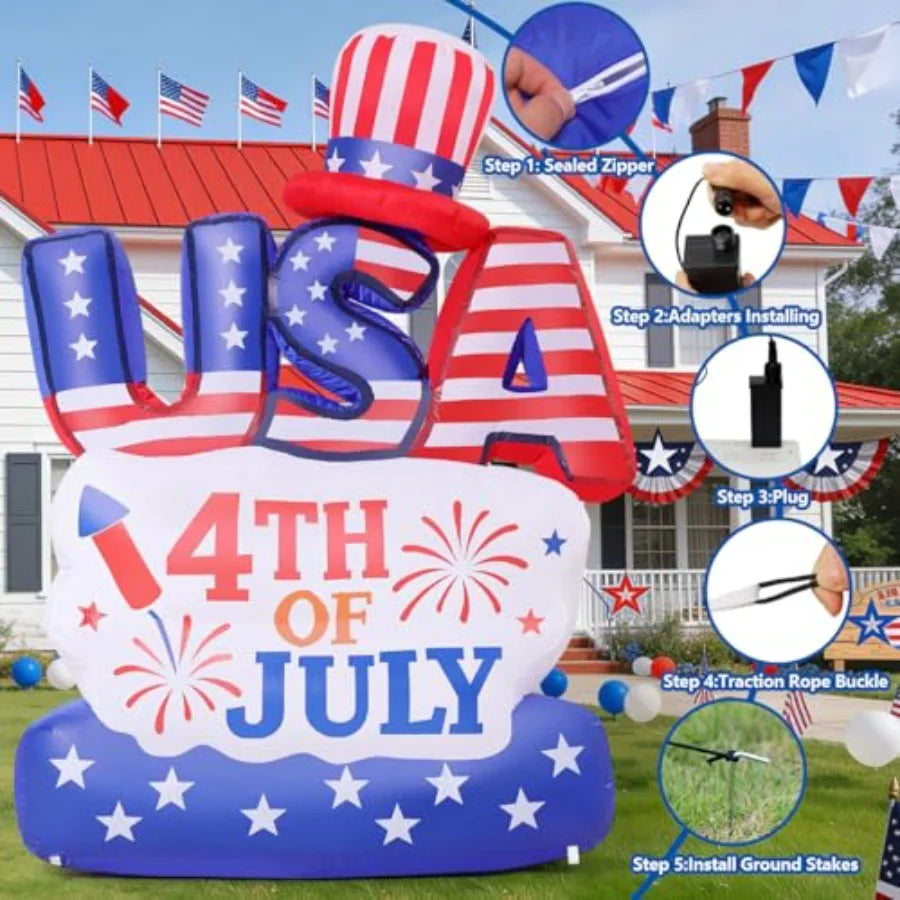 6.2FT 4th of July Inflatable Patriotic Decoration, USA Letter Hat Blow Up Yard Decor with Built-in LED Lights for Independence
