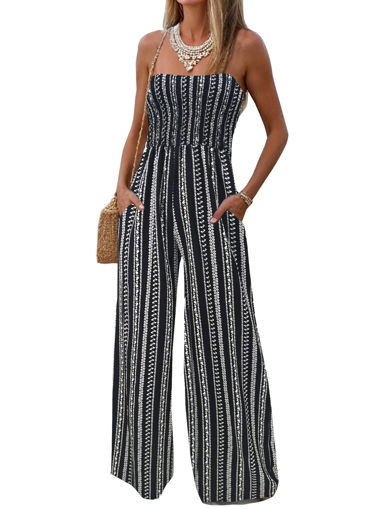 Women's Summer Printed Strapless Jumpsuit, Casual and Simple