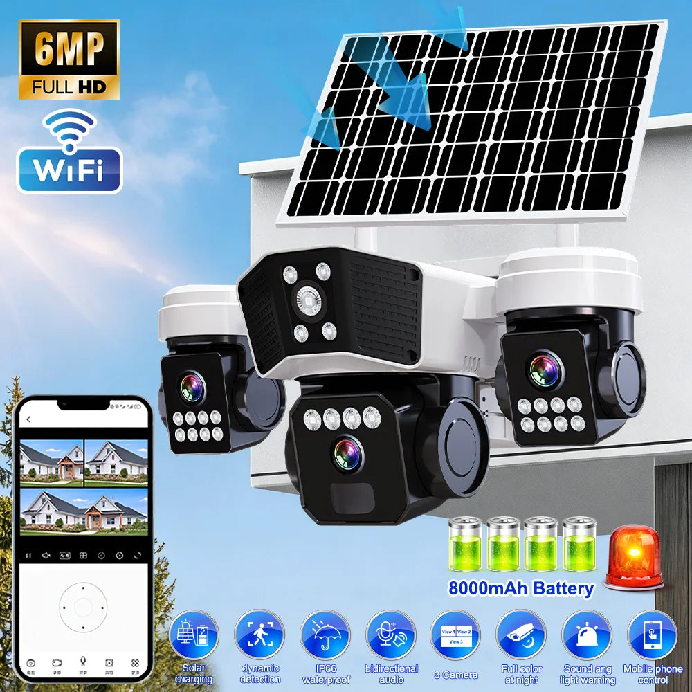 6MP Three Lens Solar Security Camera Wireless WiFi Outdoor PTZ Camera 3 Screen Full Color Night Vision Motion Detection Sound Light Alarm IP66 Waterproof Surveillance Cam