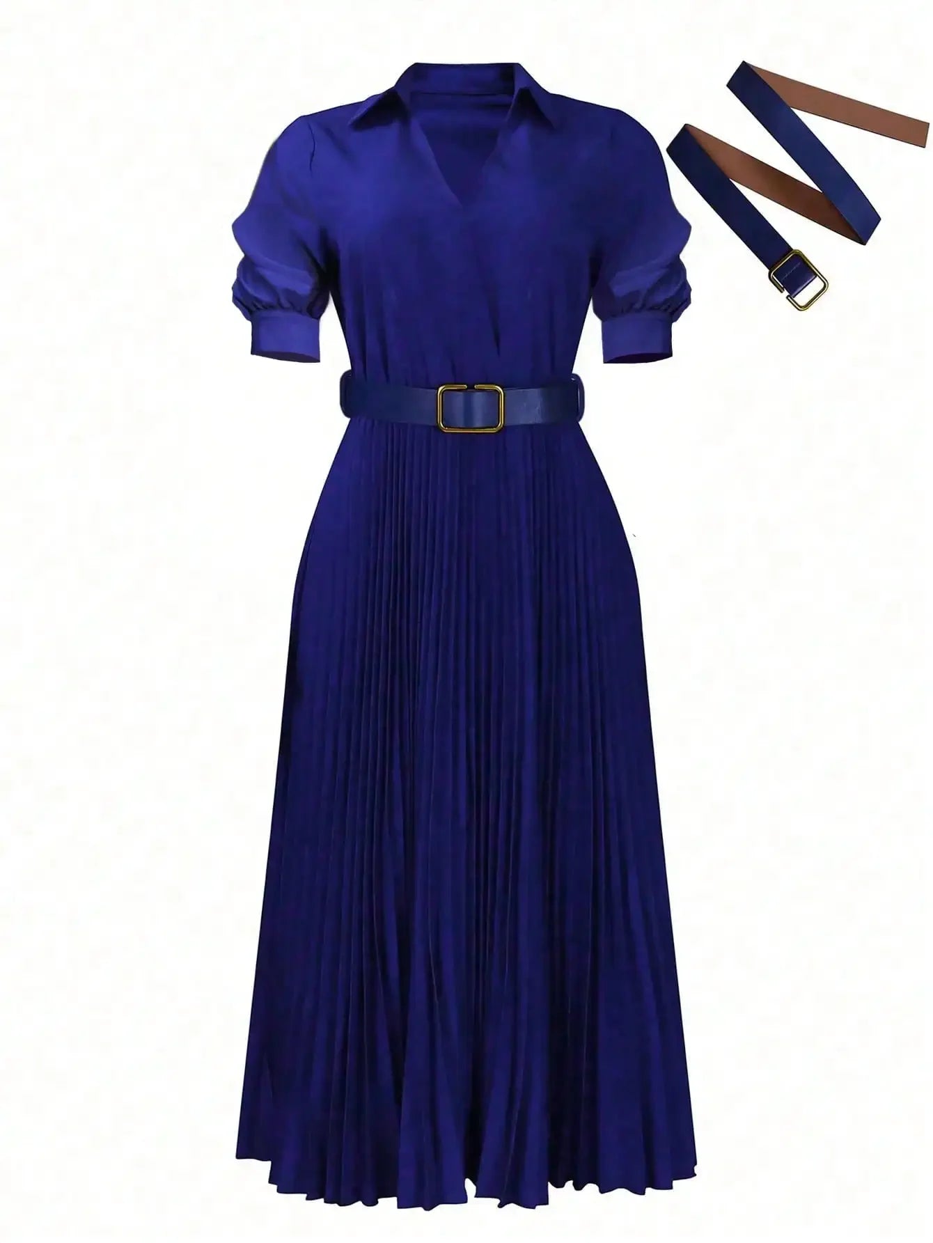 Elegant Waist-Cinching Solid Color Pleated Skirt With Belt, Short Sleeve Dress, Spring/Summer