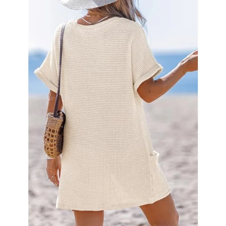 CUPSHE Swimsuit Coverup for Women Waffle Knit V Neck Short Sleeve Beach Coverup Dress with Pockets