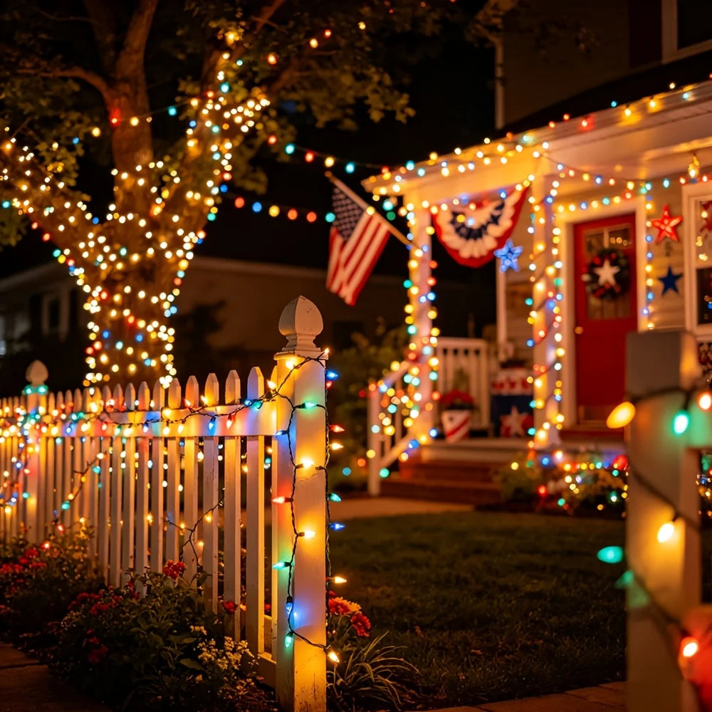 1/2/3 Pack Patriotic Solar LED String Lights, 4Th of July Red White Blue Lights, 12M/22M (39.4Ft/72Ft) 120/240LED 8 Modes Lights, for Independence Day Memorial Day Veterans Day Outdoor Decor