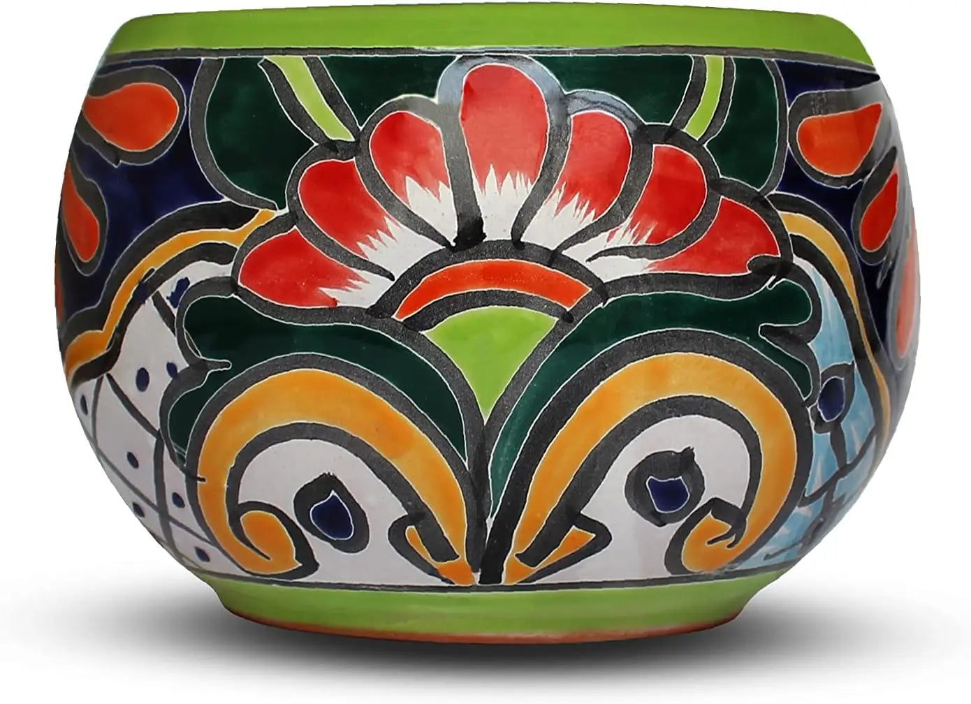 Indoor/Outdoor, Ceramic, Green, Talavera Mexican Pottery Flower Pot for Succulents