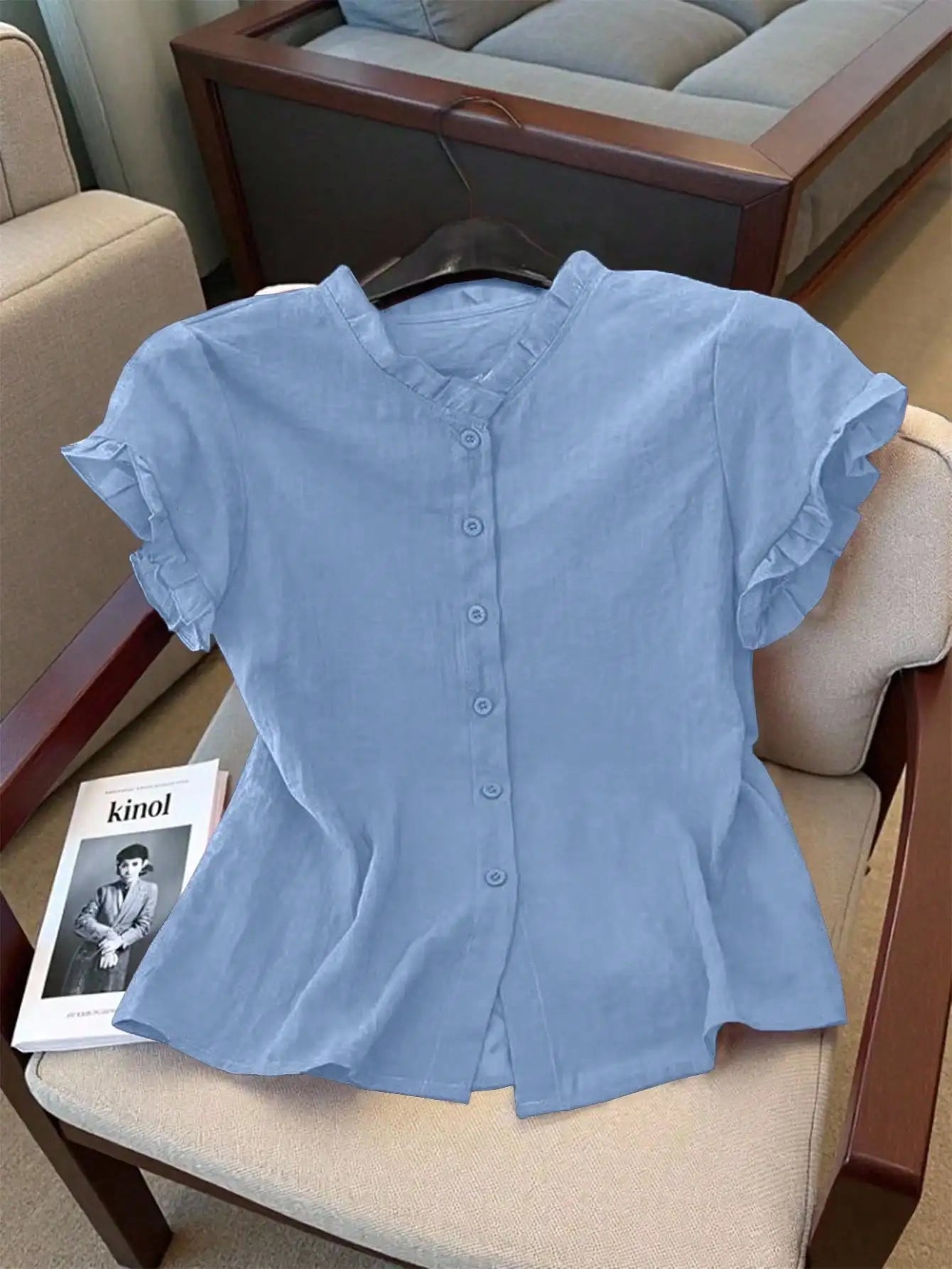 Women's Casual Pink Ruffled Collar Short Sleeve Button Up Blouse