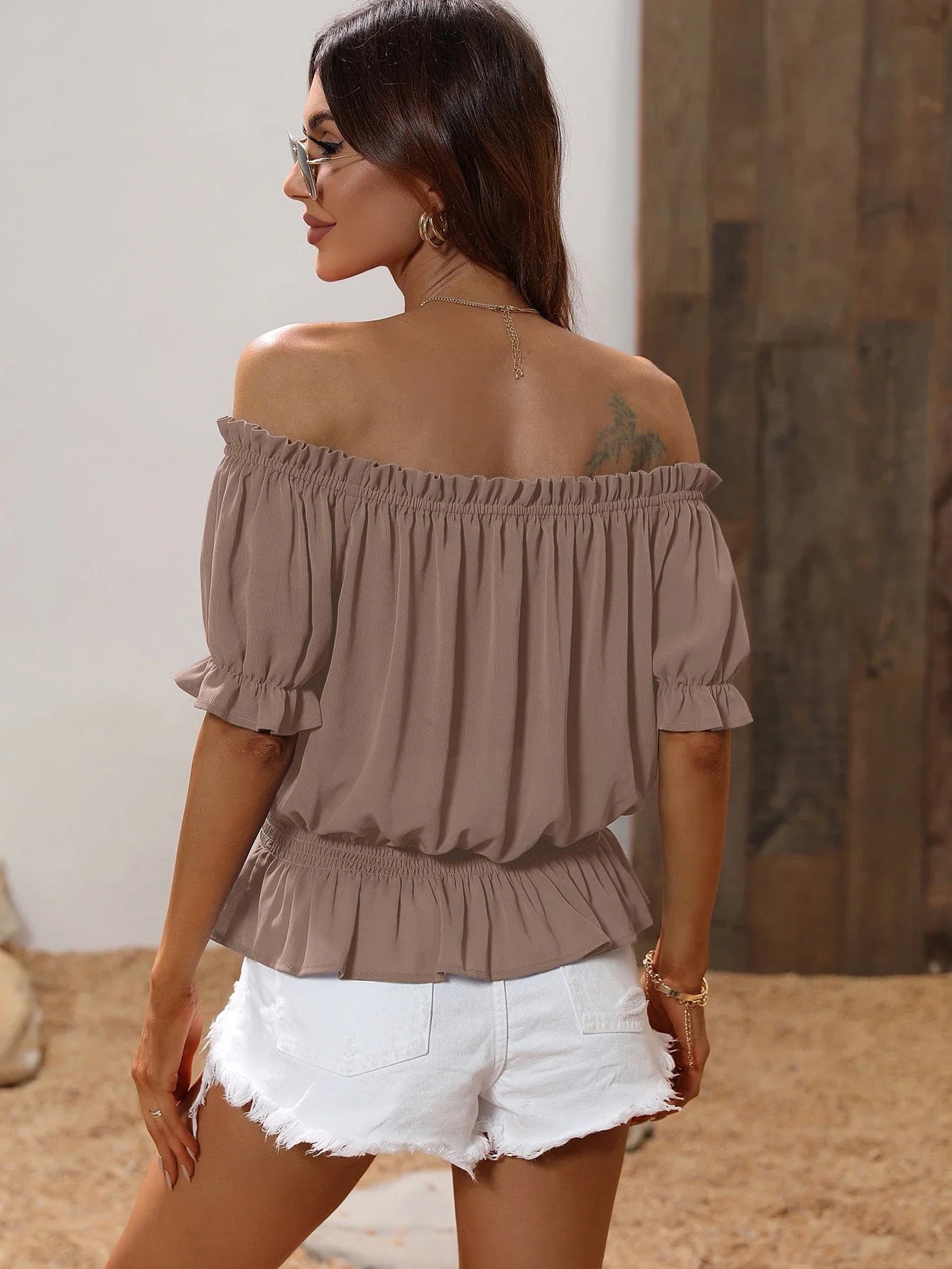 Off Shoulder Tie Front Peplum Blouse Women Casual Short Sleeve Top