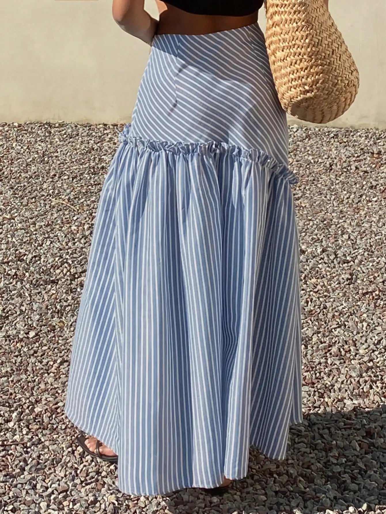 Livesso Loose Casual Vacation Style Beach Fashion Design Frill Asymmetric Striped Print High Waist Women Skirt, Spring/Summer