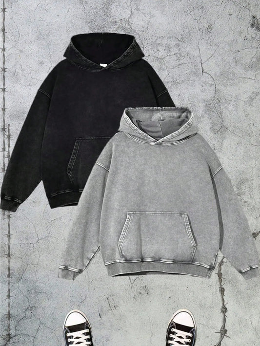 2-Piece Set Solid Color Drop Shoulder Long Sleeve Drawstring Pocket Casual Hoodie, Autumn/Winter,Back To School Street Life Vintage Washed Oversized Hoodie Sweatshirt