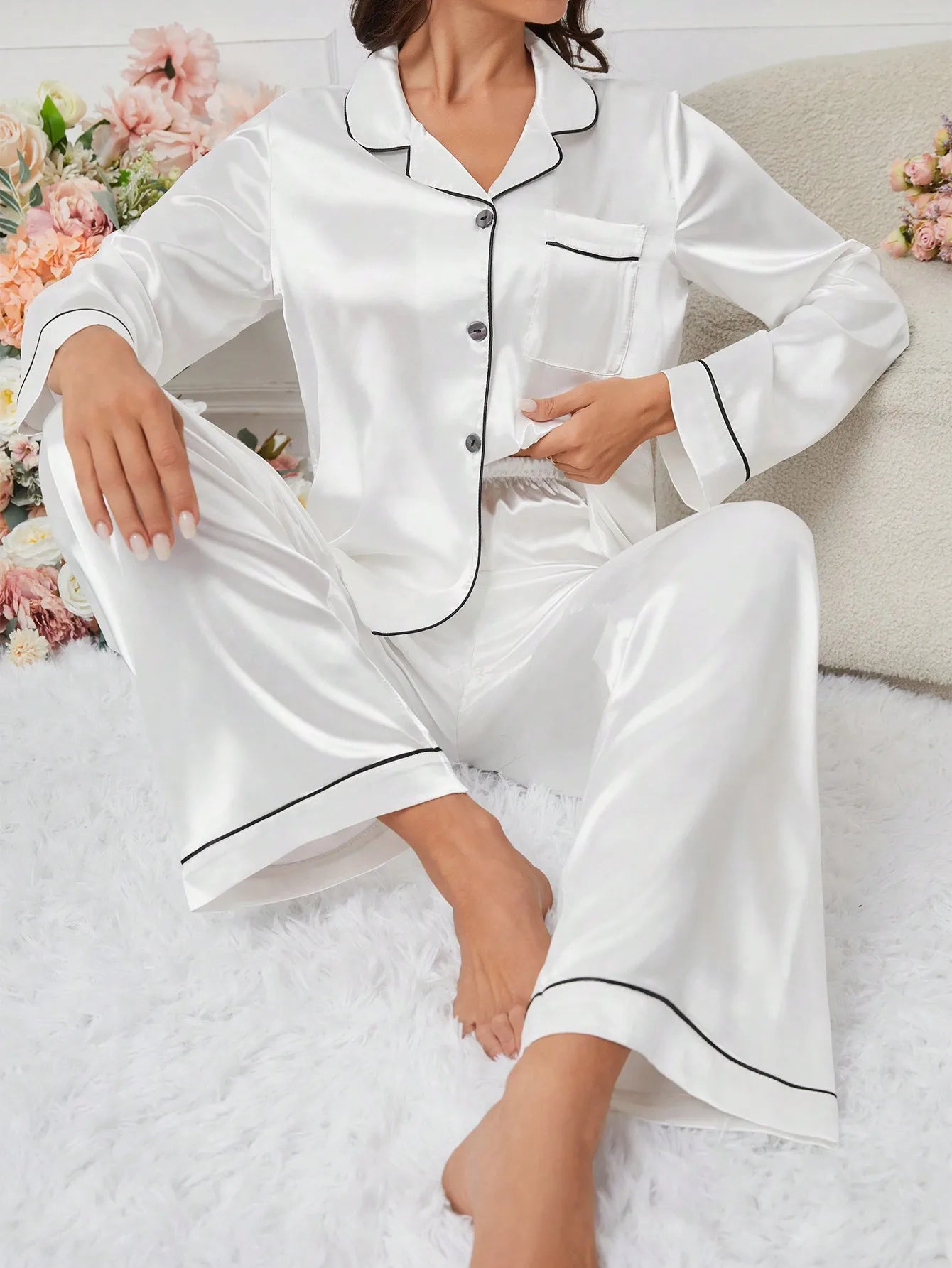 Women's Satin Pajama Set with Contrast Trim Long Sleeve Top and Wide Leg Pants for Cozy Lounge Wear
