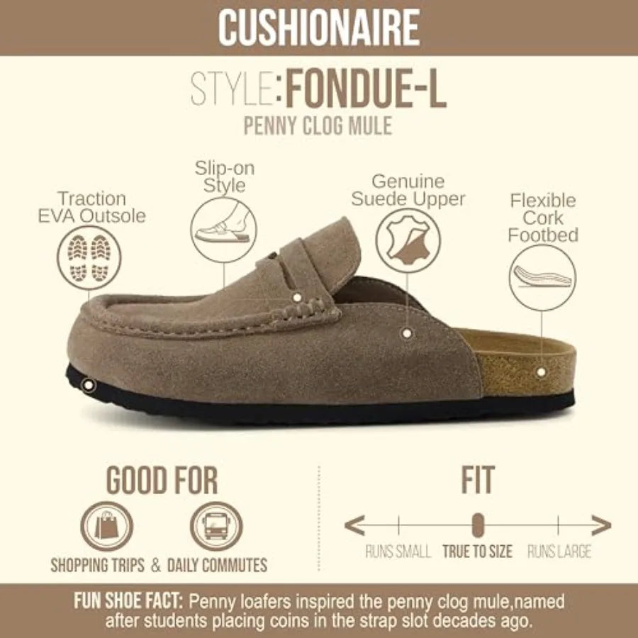 CUSHIONAIRE Fondu Genuine Leather Mule Clogs for Women, Comfortable Slip On Womens Shoes with Penny Strap Accent and Memory Foa