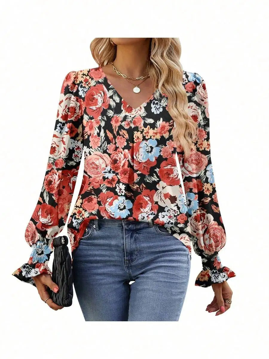 Womens Long Sleeve V Neck Loose Chiffon Blouse Casual Elegant Tunic Top