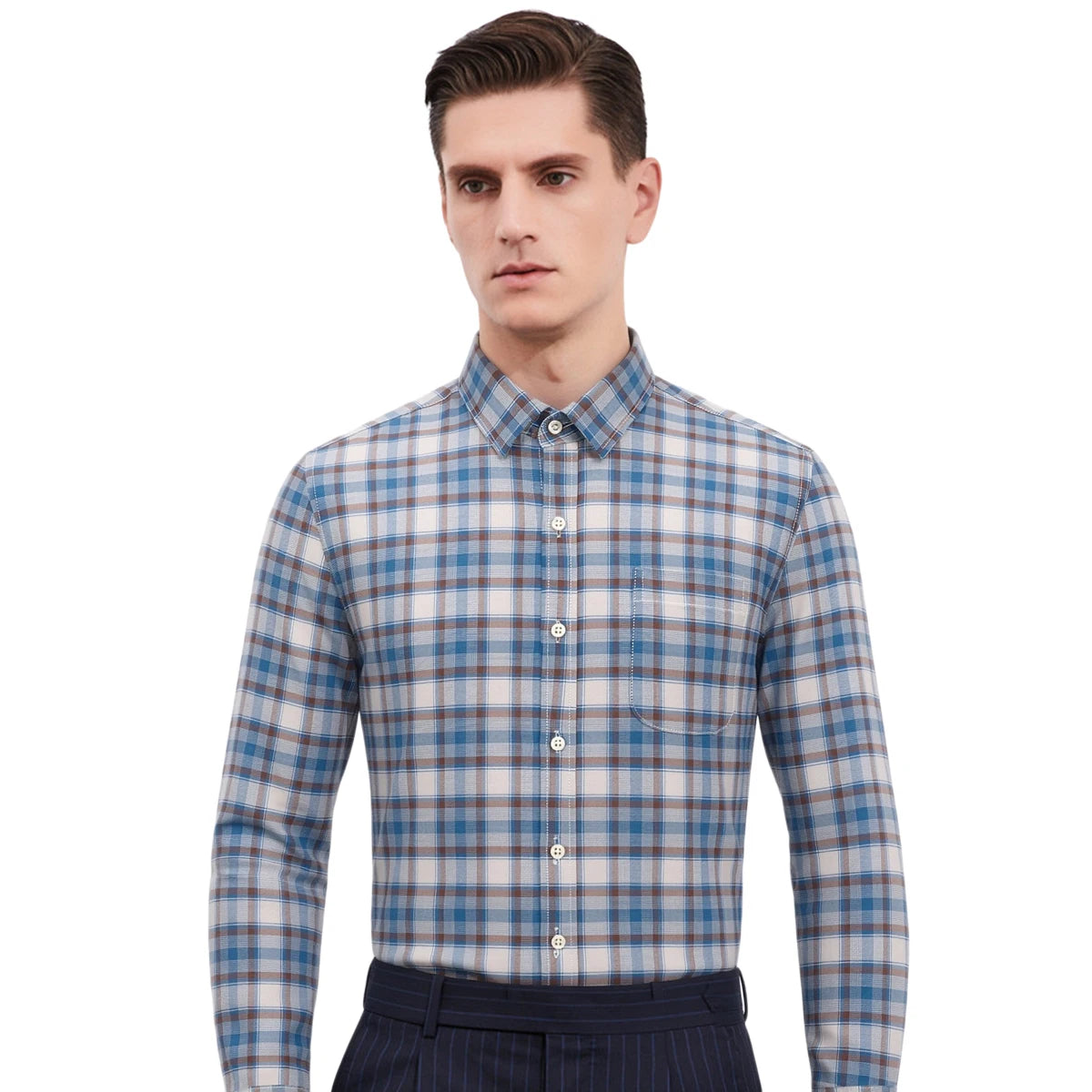 Men's Plaid Striped Button Down Shirts Spring Fall Cotton Long Sleeve Oxford Dress Shirts with Pocket