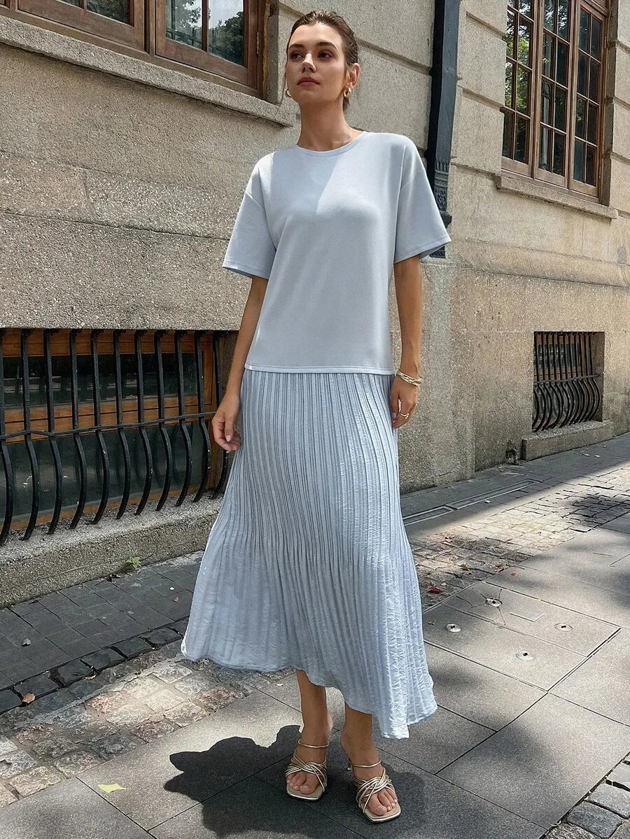 Women Pleated Maxi Dress Short Sleeve Loose Casual Summer Modest Dress