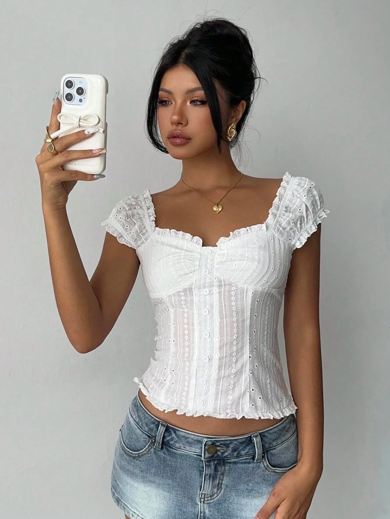 White Vintage Lace Trim Puff Sleeve Blouse For Women
