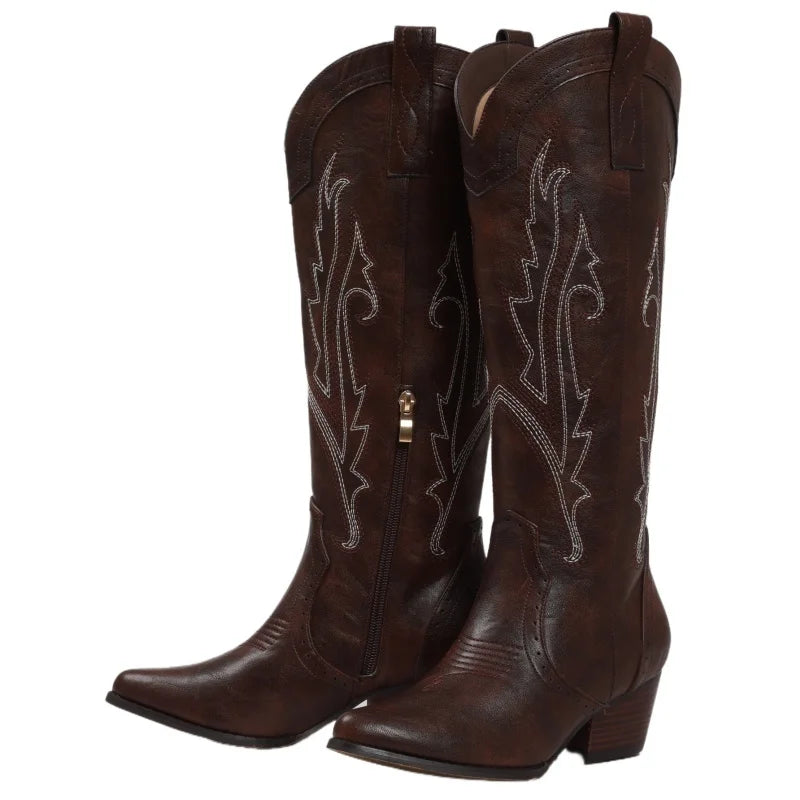 Women's Western Cowboy Boots - Knee High Embroidered Pointed Toe Cowgirl Boots with Side Zipper & Chunky Block Heel